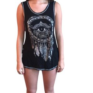 Black Sleeveless Tank Top with All-Seeing Eye and Dreamcatcher Design
